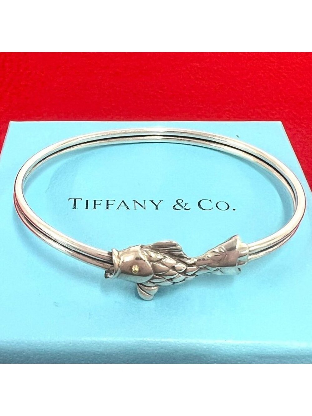 Tiffany & Co Vintage Fish Motif Bangle Silver Yellow Gold Bracelet